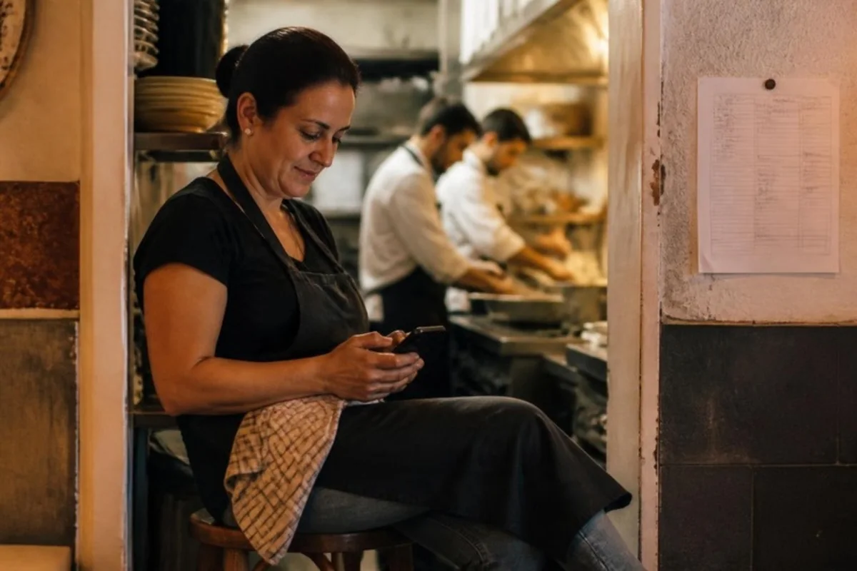A dona de um restaurante, sentada junto à passagem da cozinha ao fim do dia, faz a escala da semana no telemóvel; atrás, dois cozinheiros trabalham.